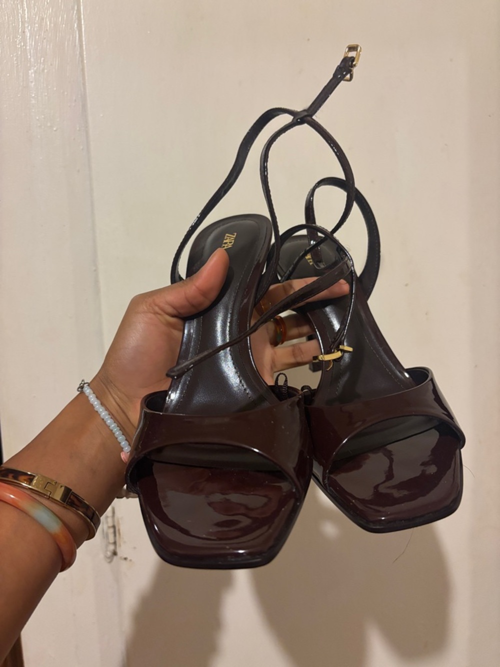 Zara Patent Strappy Square-Toe Heels in Dark Brown
